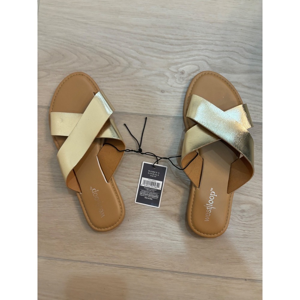 West Loop Womens Metallic Gold Crisscross Slide Sandals Size S 5-6 NWT